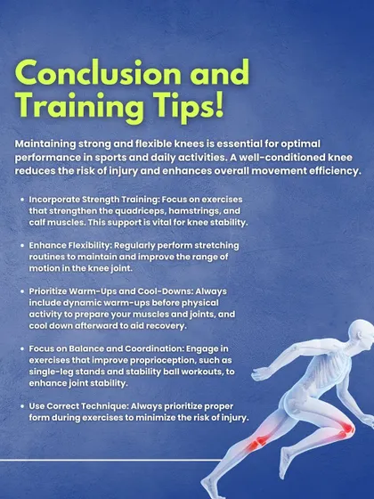 Conclusion and Training Tips for Knee Health. This infographic summarizes the key takeaways, including focusing on balance and coordination, using correct technique, and prioritizing warm-ups and cool-downs.