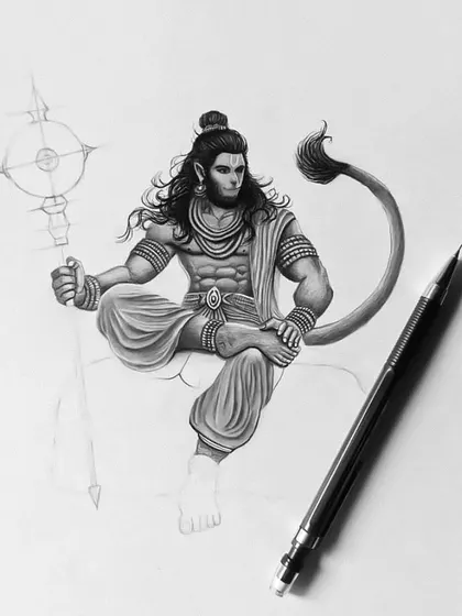 A progress shot of the full-body Lord Hanuman sketch. His upper body and tail are shaded, while his legs and the rock he sits on are still outlined.