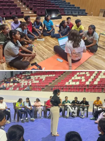 Seated in a circle on the floor, young athletes participate in an interactive session in Bihar. This format encourages open dialogue and peer-to-peer learning, which is essential for building a supportive community.