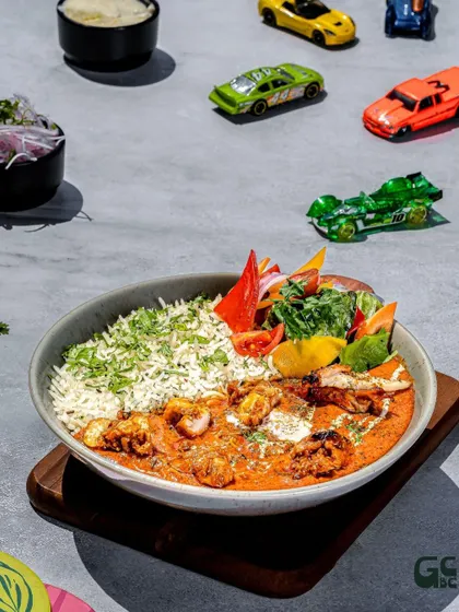 Our Tandoori Makhani bowl, with your choice of paneer or chicken, served with herbed rice. A favorite from our kids' menu.