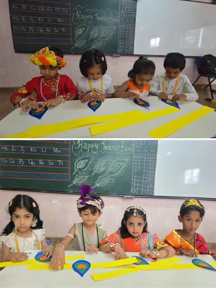 Students work on a craft project, creating peacock feathers, a symbol associated with Lord Krishna, during our Janmashtami celebrations.