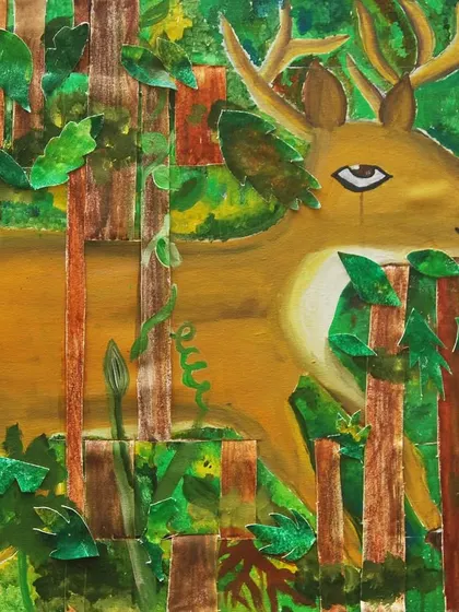 Here, the weaving technique is used to create a sense of camouflage and depth in a forest scene. The deer appears partially hidden by the woven strips of canvas, demonstrating a clever and thoughtful use of the medium.