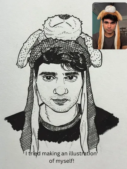 I tried making an illustrated self-portrait in a new style, moving away from pure realism. It was a fun experiment with cross-hatching and bold lines.