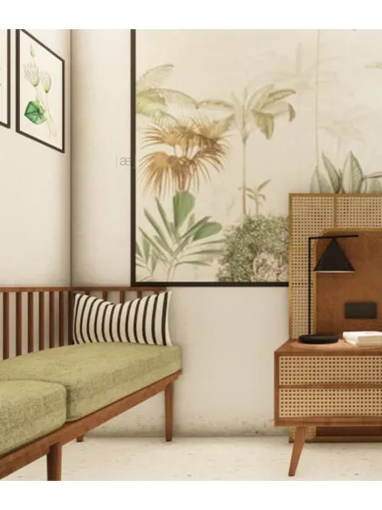 A 3D render based on the tropical mood board, showing a seating area with rattan furniture and botanical prints. Renders are a crucial tool for refining the design before construction.
