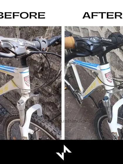 The cockpit of the Kross bike before and after our service. We cleaned the shifters and brake levers, ensuring all controls are responsive and reliable for the rider.