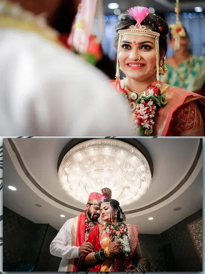 A collage capturing the bride's happy glance and a loving embrace between the couple. These shots showcase the different emotions experienced during the wedding day.