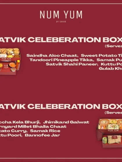 For a pure and delicious festive meal, try my Satvik Celebration Boxes. You can choose from options like Tandoori Pineapple Tikka and Satvik Shahi Paneer or Kaccha Kela Bhurji and Barnyard Millet Bhalla Chaat.