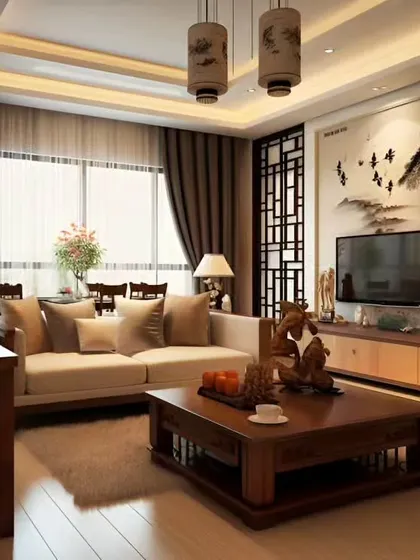 This living room incorporates traditional Asian-inspired elements, like the screen partition and wall art, for a serene and culturally rich space.