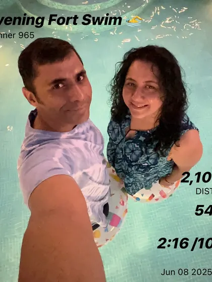 A post-swim selfie showing the details of our evening recovery swim. We covered 2,100 meters to help our bodies recuperate.