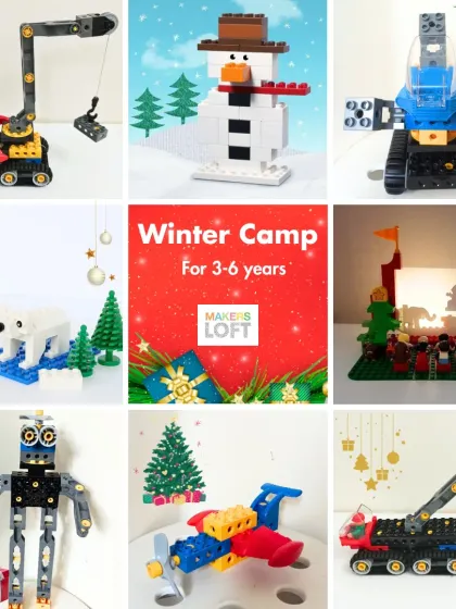 A collage showcasing the variety of projects at our Winter Camp for 3-6 year olds, from festive creations to cool machines.