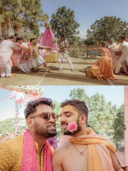 The Haldi ceremony often includes fun and games, like this tug-of-war. I always keep an eye out for these unique, playful moments that add so much character to the wedding album.
