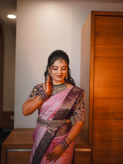 My gorgeous bride Chandana for her engagement. The soft lavender saree is paired with beautiful silver jewelry and a makeup look that is subtle and elegant.