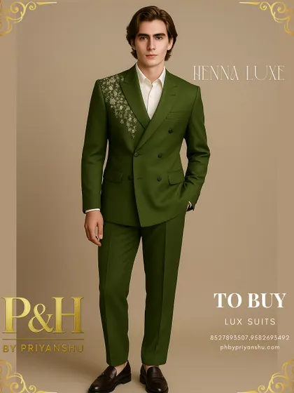 A modern, double-breasted suit in olive green, featuring asymmetrical floral embroidery on the lapel. This is a fashion-forward choice for any wedding celebration.