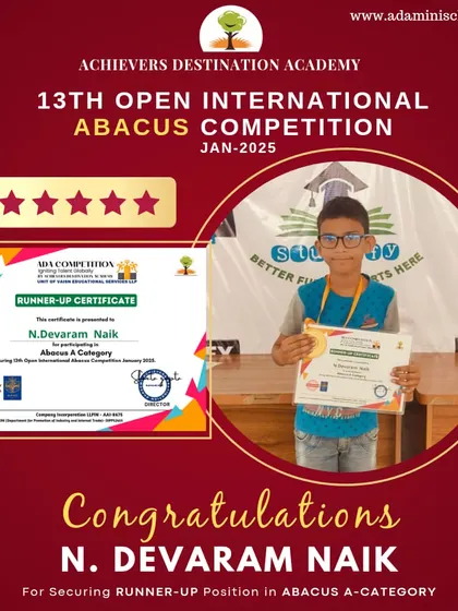 Congratulations to N. Devaram Naik from Kurnool for securing a runner-up position in the Abacus A-Category.