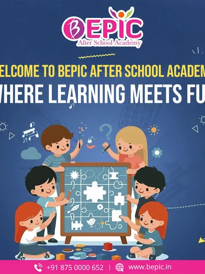 Welcome to BEPIC, where learning meets fun. This graphic represents our philosophy of using engaging activities, like puzzles and group projects, to help children develop critical life skills.