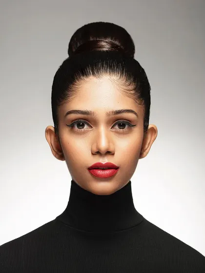 This is the quintessential clean and symmetrical model headshot. The straight-on angle, balanced lighting, and classic styling create a strong, clear, and professional image that is a staple for any model's book.