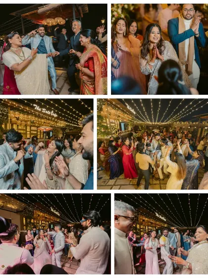 A collage of candid moments from the engagement party dance floor. It captures the energy and happiness of the couple dancing with their parents and friends.