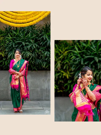 A collage of the bride in her traditional green and pink Maharashtrian saree. The shots capture her elegance and the beautiful details of her attire.