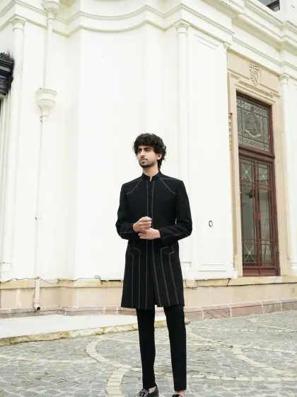 Full look of the minimalist indowestern, showing its modern and sleek silhouette.