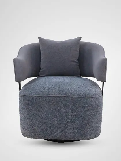 The front view of the swivel chair shows its inviting, open design and comfortable cushioning, perfect for a modern living space.