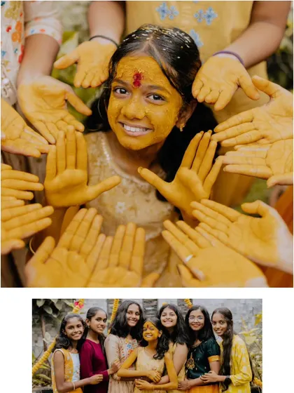 A collage from a Half Saree Haldi ceremony, capturing the moment a young woman is surrounded by turmeric-covered hands.