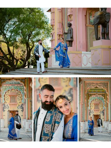 More moments from Patrika Gate, showing the couple interacting playfully. This location offers endless opportunities for colorful and creative pre-wedding photography.
