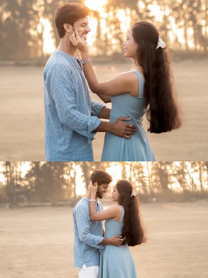 A pair of romantic, sun-kissed photos from a pre-wedding shoot in a park. The warm, golden light enhances the intimate and tender moments between the couple.