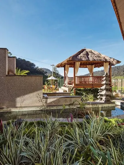 A tranquil corner at Finch Ecofarms, featuring a thatched-roof gazebo by a koi pond. This space was designed for quiet contemplation, surrounded by lush greenery and the gentle sounds of water.