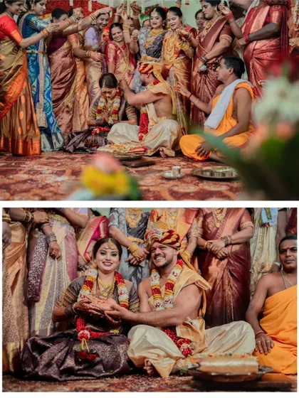 A collage of the wedding ceremony, capturing the blessings from family and a happy portrait of the couple after the rituals.