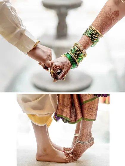 A collage of details: the joining of hands and the touching of feet. These symbolic close-ups are powerful elements of the wedding story.