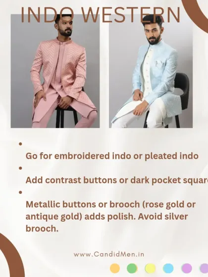 How to rock a pastel Indo-Western. Go for embroidery or pleats, and add contrast with dark buttons or a pocket square.