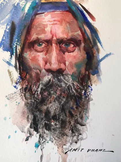 A close up of the watercolour study, showing the texture and layering of the paint. Each brushstroke contributes to the overall feel of the portrait.