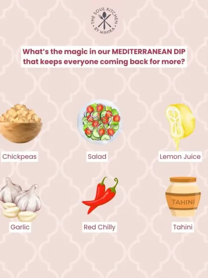 Our Mediterranean Dip is a powerhouse of fresh ingredients, including chickpeas, tahini, lemon juice, garlic, and a hint of red chilly. This graphic shows what makes it so good.
