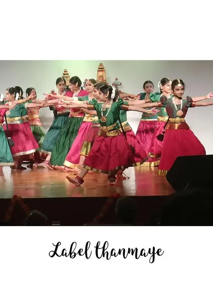 An action shot of a Bharatanatyam performance, with the costumes flowing beautifully with the dancers' movements.