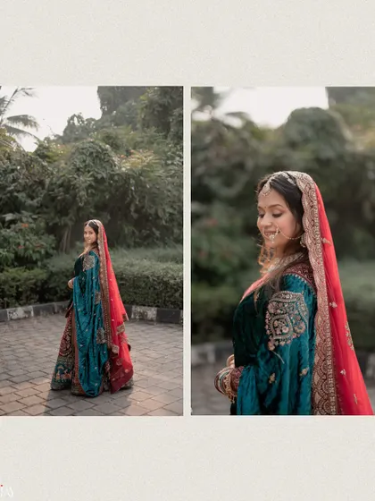 A diptych showing the bride in her unique teal and red velvet lehenga, capturing her from different angles.
