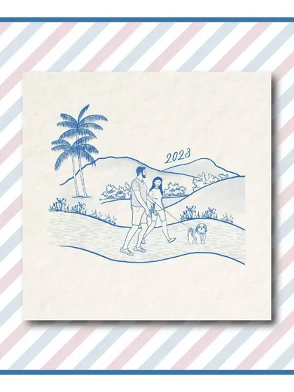 We love including furry family members in our illustrations. This sweet drawing shows the couple on a walk with their dog, adding another layer of personal charm to their love story timeline.