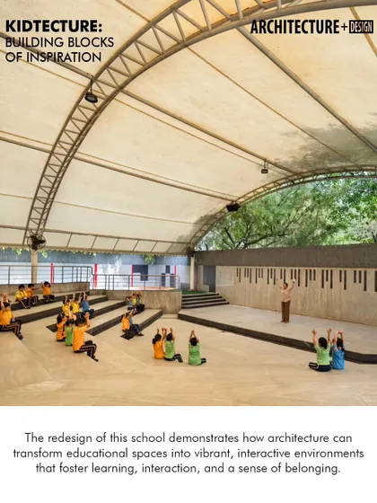 This article on 'Kidtecture' features our work on the GD Goenka Public School. The open-air amphitheater with its tensile roof provides a versatile space for performances, classes, and yoga sessions, fostering learning, interaction, and a sense of belonging.
