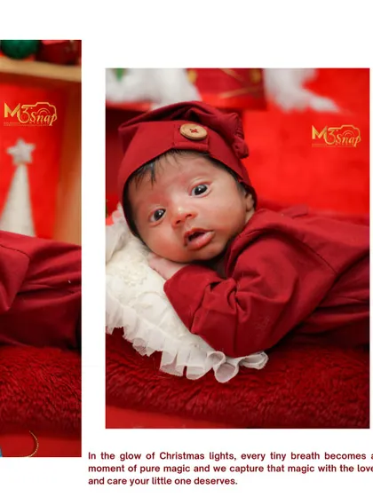 This alert baby looks right into the camera, creating a captivating Christmas portrait. The festive setup adds to the holiday magic.