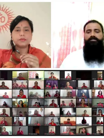 A collage from our virtual workshop on prosperity, showing both Guruji and Maa leading the session. This image provides a clear view of us guiding the participants through the spiritual teachings and meditation.