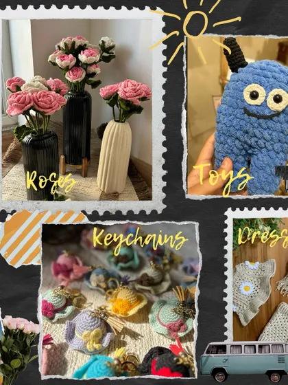 This collage gives you a glimpse into the world of Macrame Karigari. From crochet roses and quirky toys to stylish keychains and dresses, we pour our artistry into a wide range of handmade products.