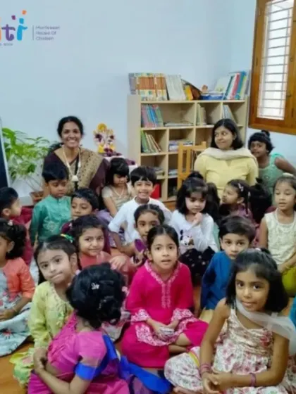 A group photo of our children and teachers during our Ganesh Chaturthi celebration. The room is filled with smiles, traditional attire, and the festive spirit of learning together.