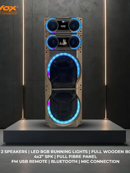 A closer look at this single tower home theatre. It's built with a full wooden body, a full fiber panel, and features LED RGB running lights for a premium look and feel.