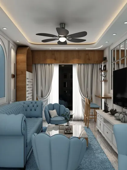 We love transforming entire living and dining areas with bold yet elegant color palettes. This 3D design demonstrates our ability to create a cohesive and inviting open-plan space, featuring a striking blue Chesterfield sofa set and classic wainscoting for a touch of timeless charm.