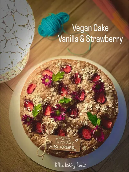 A lovely vegan vanilla and strawberry cake with a customized birthday topping. I use plant-based ingredients to create cakes that are just as delicious as my regular bakes.