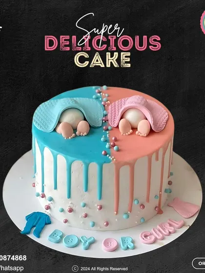 Boy or Girl? This fun gender reveal cake features pink and blue drips and two cute baby bottoms peeking out from under blankets, adding a playful touch to your special announcement.