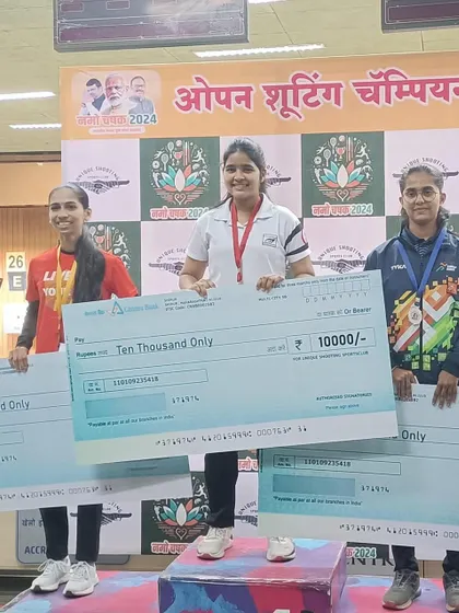 Mayuri Pawar on the podium after winning the Gold Medal at the Namo Chashak 2024 Open Shooting Championships in Pune.
