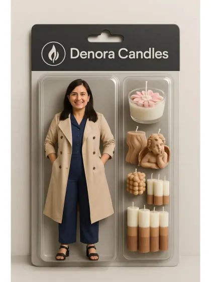 This creative image was part of a fun trend, imagining myself as a toy figure alongside my creations. It's a playful representation of me and the candles I pour my heart into making.