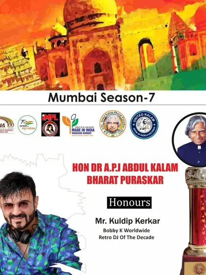An announcement graphic for my Hon. Dr. A.P.J. Abdul Kalam Bharat Puraskar award for 'Retro DJ Of The Decade'. So much gratitude for the love and support.