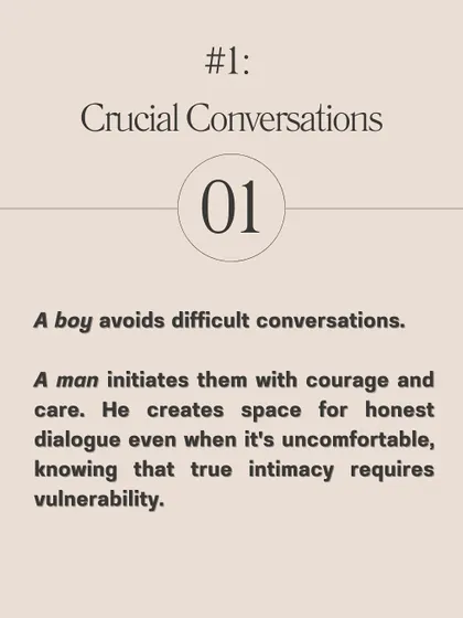 **Are you dating a boy or a man? Maturity isn't about age; it's about emotional intelligence.** A boy avoids difficult conversations, blames others, and seeks constant validation. A man initiates crucial conversations, takes responsibility for his part, and has cultivated inner confidence.