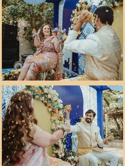 A collage of the couple's playful moments during their Haldi, from being showered with petals to sharing a laugh.
